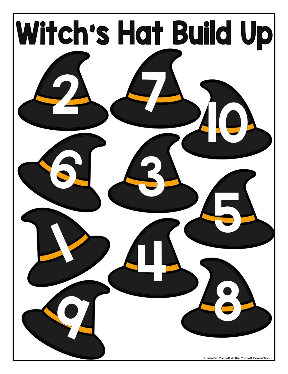 Witch’s Hat Build Up counting mat: ten black witch hats numbered 1–10 for building matching cube towers