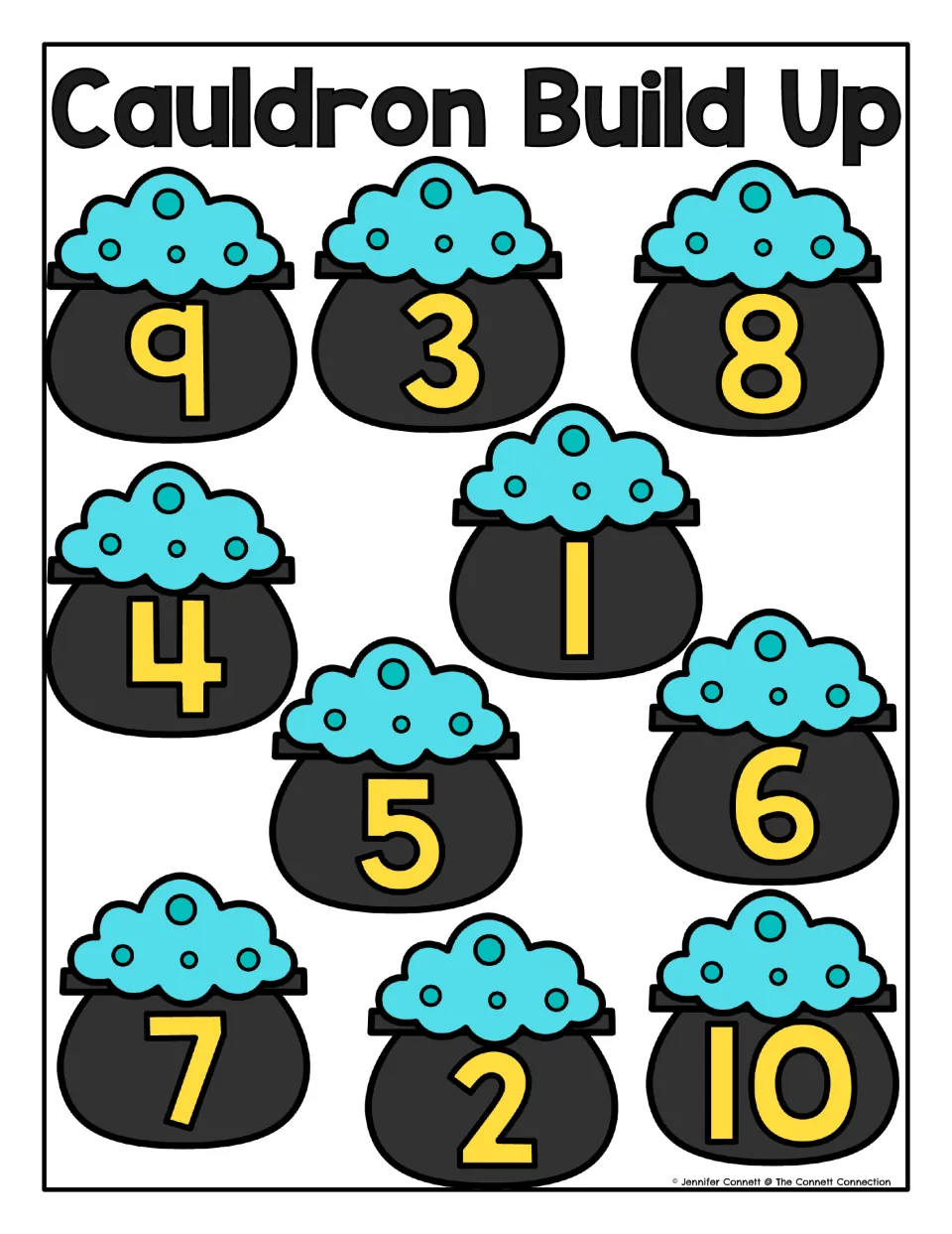 Cauldron Build Up counting mat: ten bubbling cauldrons numbered 1–10 for stacking matching block towers