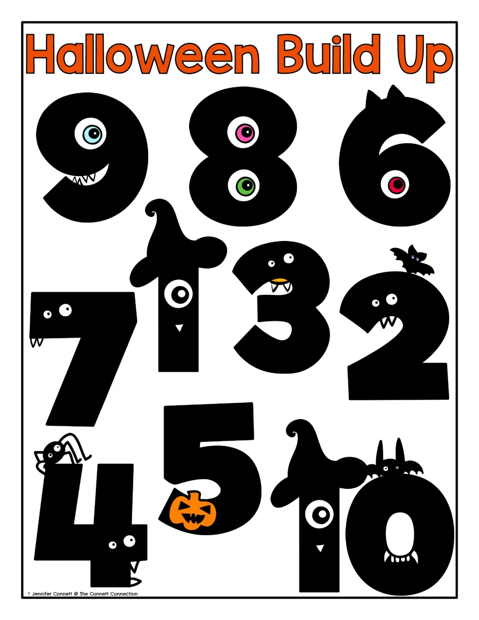 Halloween Build Up counting mat: monster-shaped numbers 1–10 for building cube towers to match each number