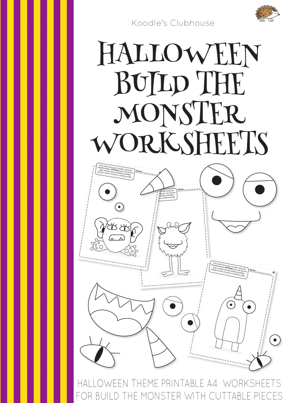 Halloween Build the Monster Worksheets cover: monster body sheets with cut-out eyes, mouths and horns to decorate