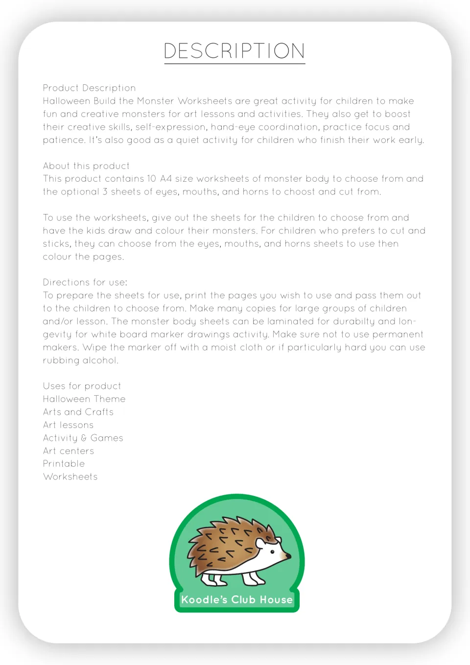 Product description: 10 A4 monster body sheets plus 3 optional sheets of eyes, mouths and horns, with directions for use