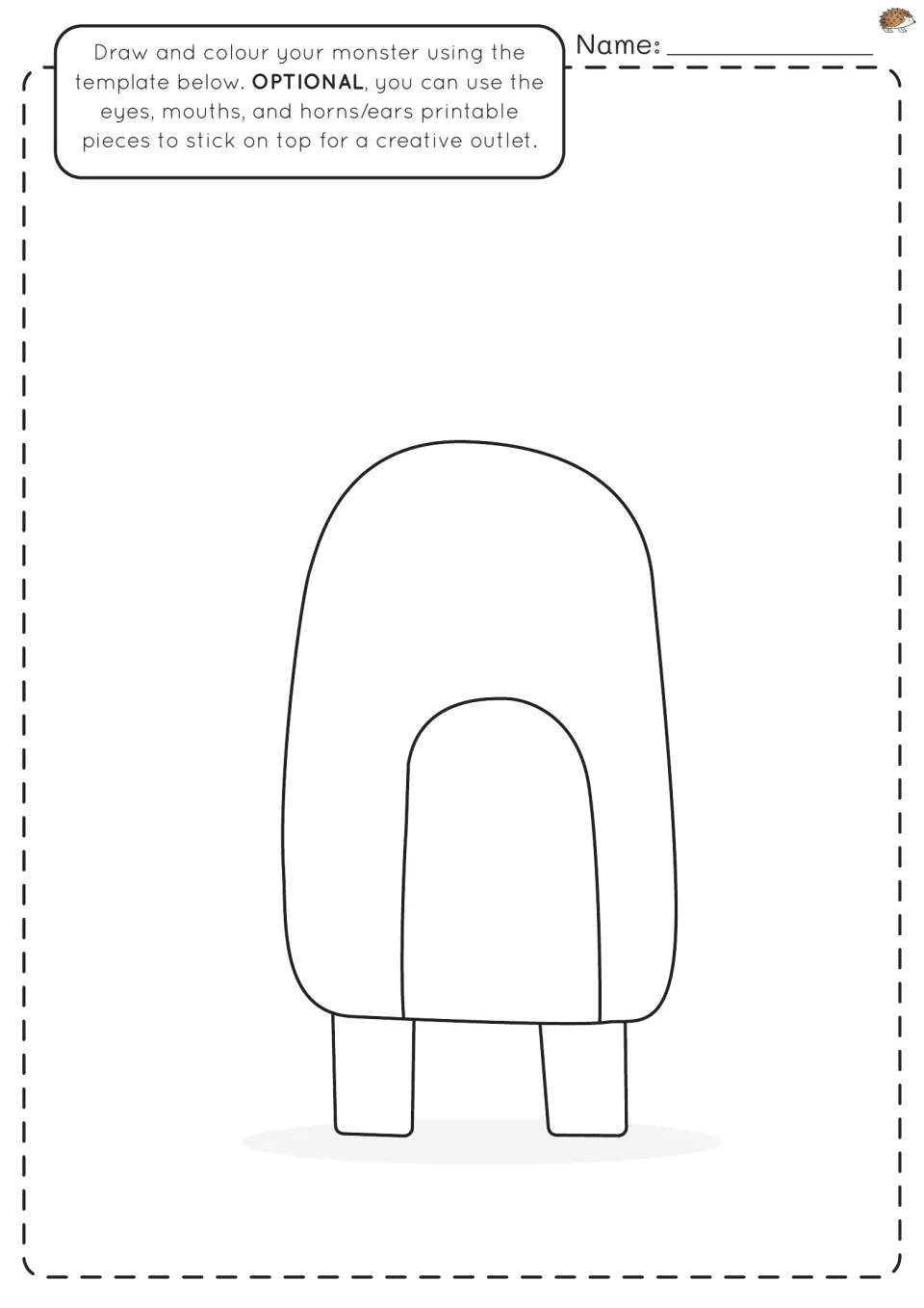 Draw-a-monster template: students draw and colour a face on a tall arched body with two square legs, or glue on parts