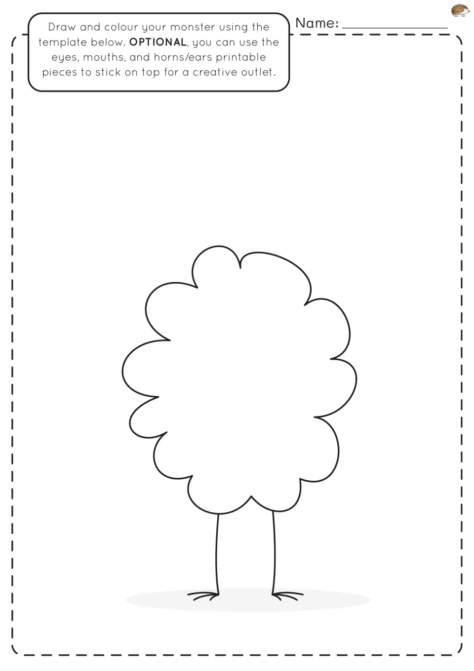Fluffy cloud-shaped monster body on thin bird legs; students add their own face or stick on printed eyes and mouths