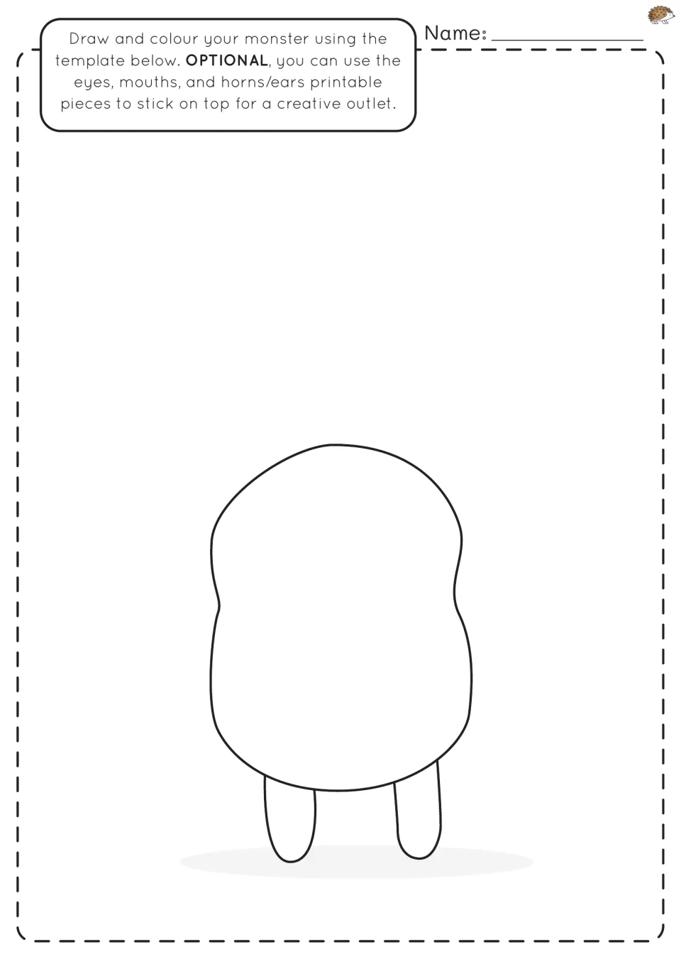 Round bean-shaped monster body on two short legs, ready for students to draw features and colour or glue on cut pieces