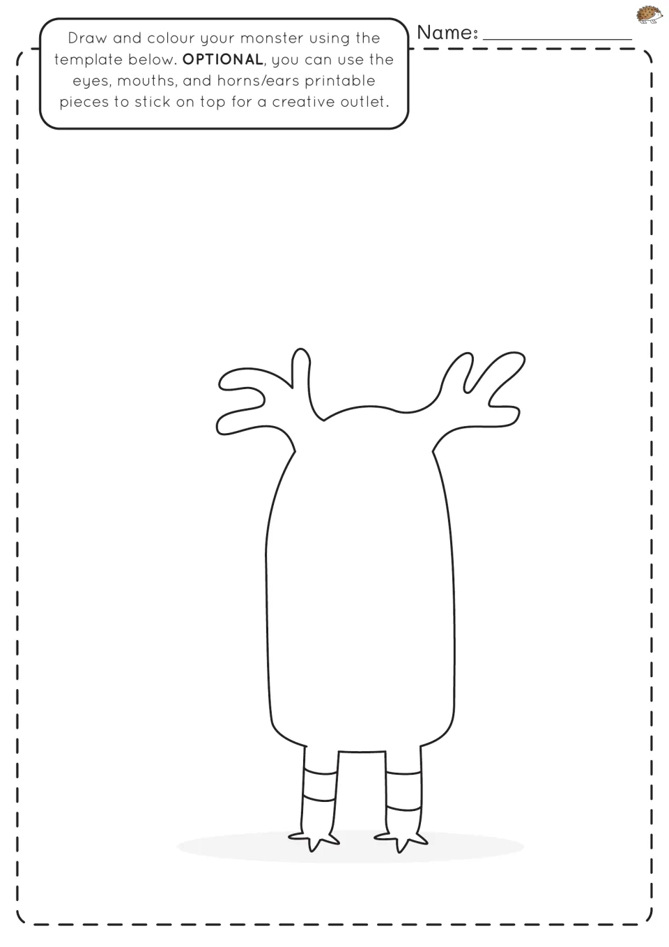 Tall monster body with antler-like branches and striped legs with claws; students design and colour its face