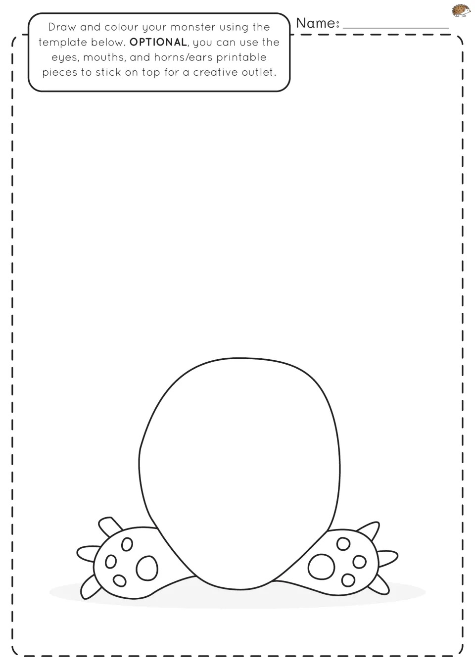 Egg-shaped monster sitting with spotted, spiky feet; children draw eyes, a mouth and horns, or attach cut-out parts