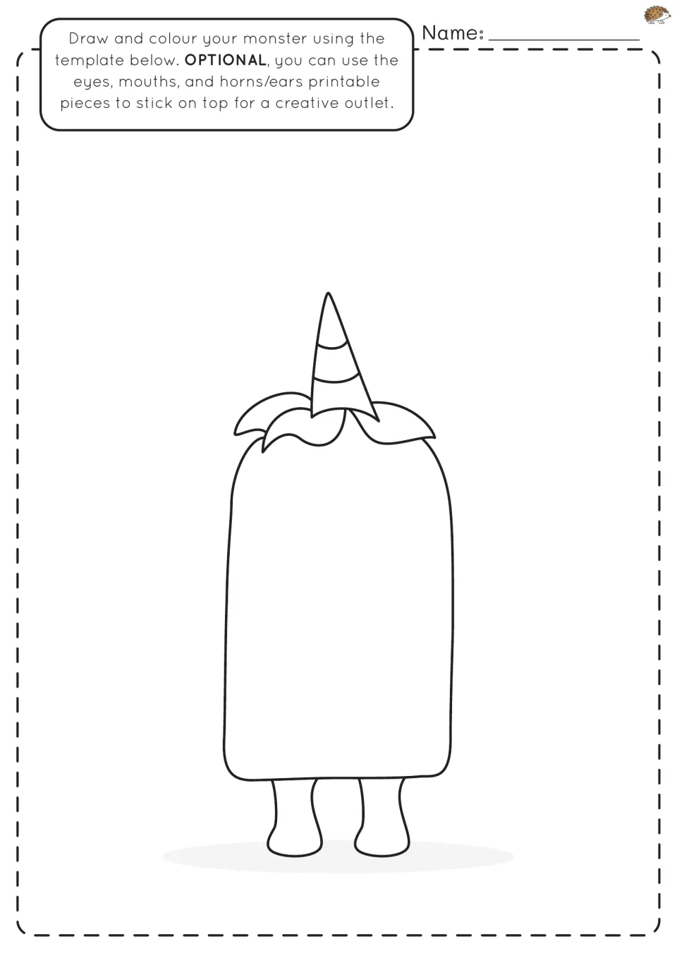 Rectangular monster body with a striped unicorn-style horn and leafy tuft; students draw a face and colour it in