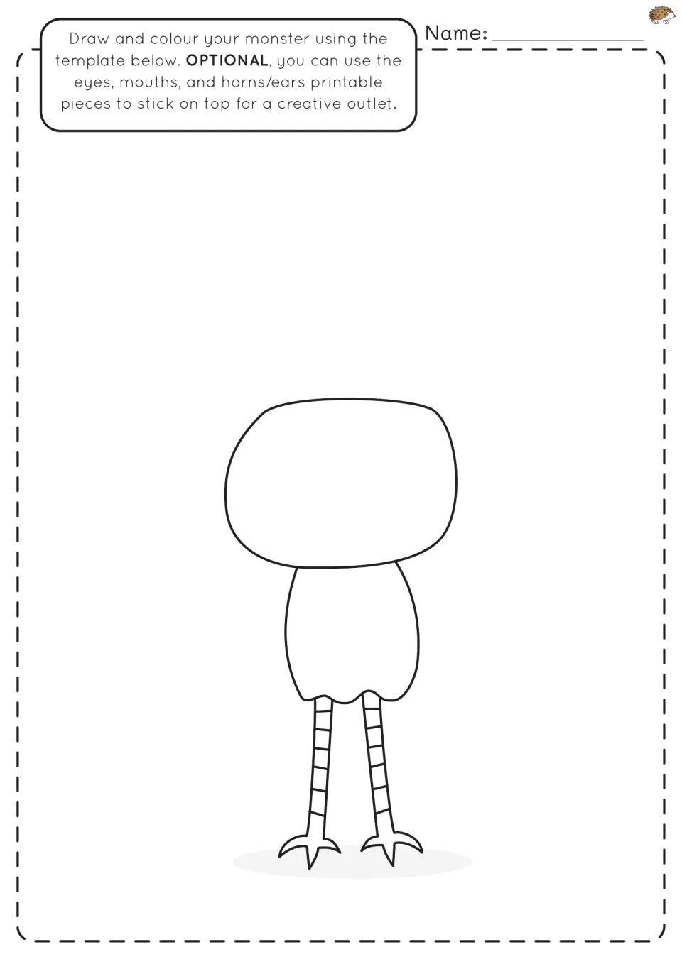 Big-headed monster on a small body with striped stick legs and claws; students fill in features and colour the creature