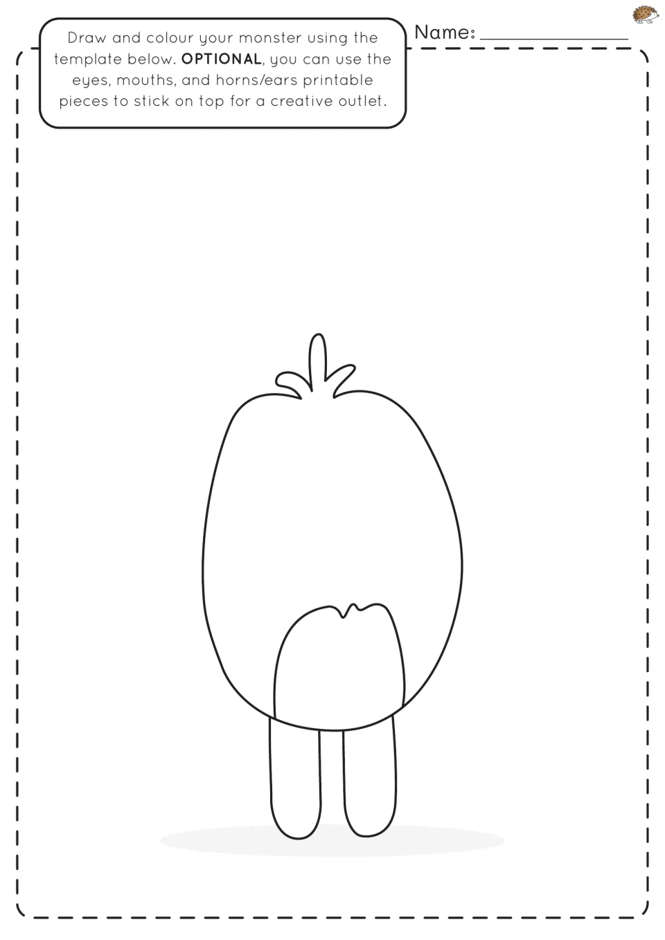 Pear-shaped monster with a sprout of hair on top and long legs; students add eyes, mouth and colour, or glue on pieces