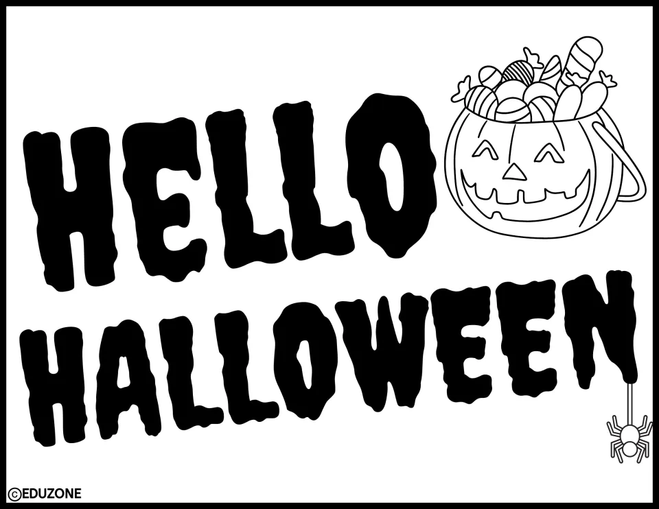 HELLO HALLOWEEN sign in dripping black letters with a jack-o'-lantern candy bucket and a hanging spider