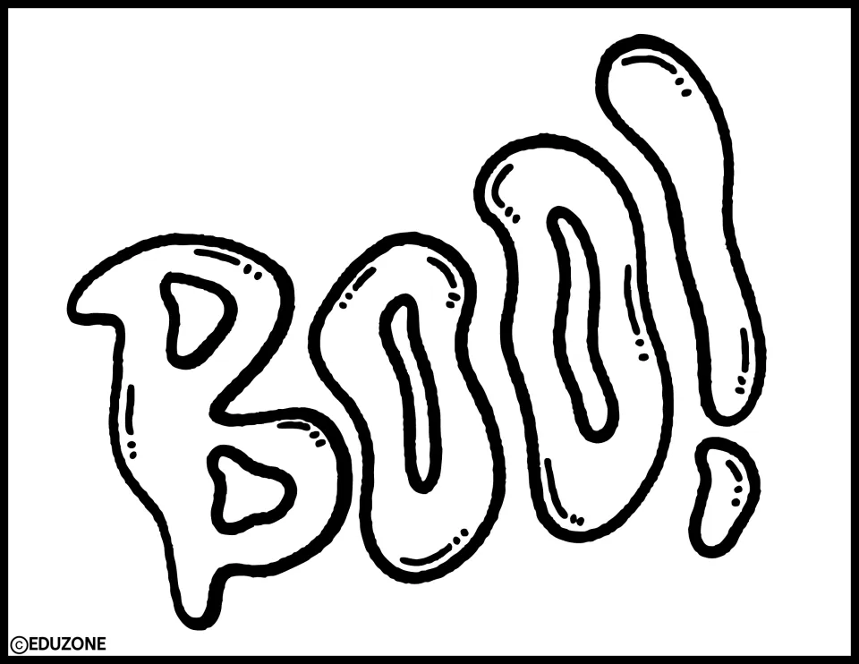 BOO! in tall, wobbly outlined bubble letters with shine marks, left blank so students can color it in