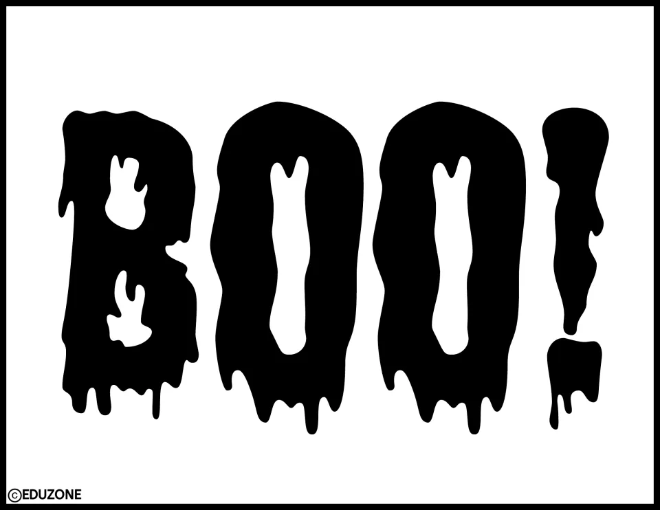 BOO! in heavy solid black letters dripping like slime, a one-word Halloween sign for a door or board