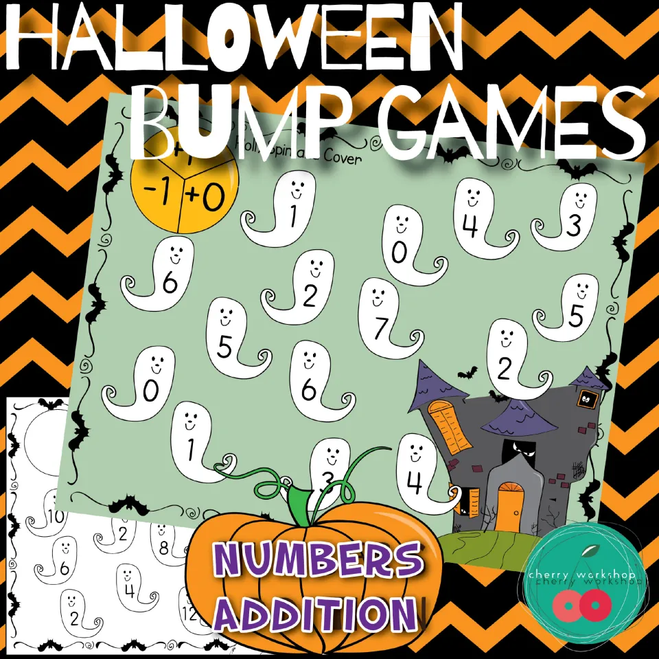 Halloween Bump Games cover: numbers and addition boards where players cover numbered ghosts near a haunted house