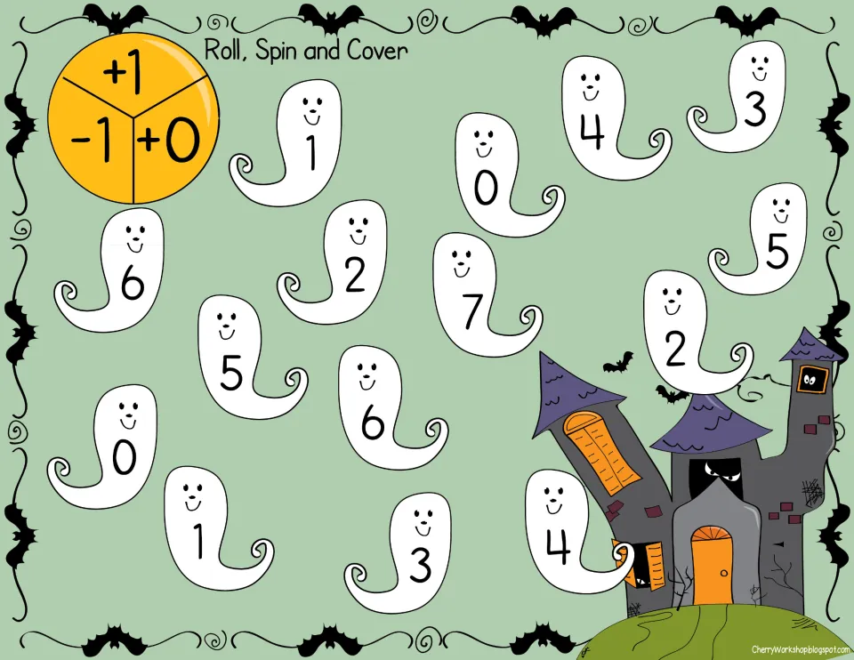 Roll, Spin and Cover color board: players roll a die, spin to add 1, subtract 1 or add 0, then cover the matching ghost