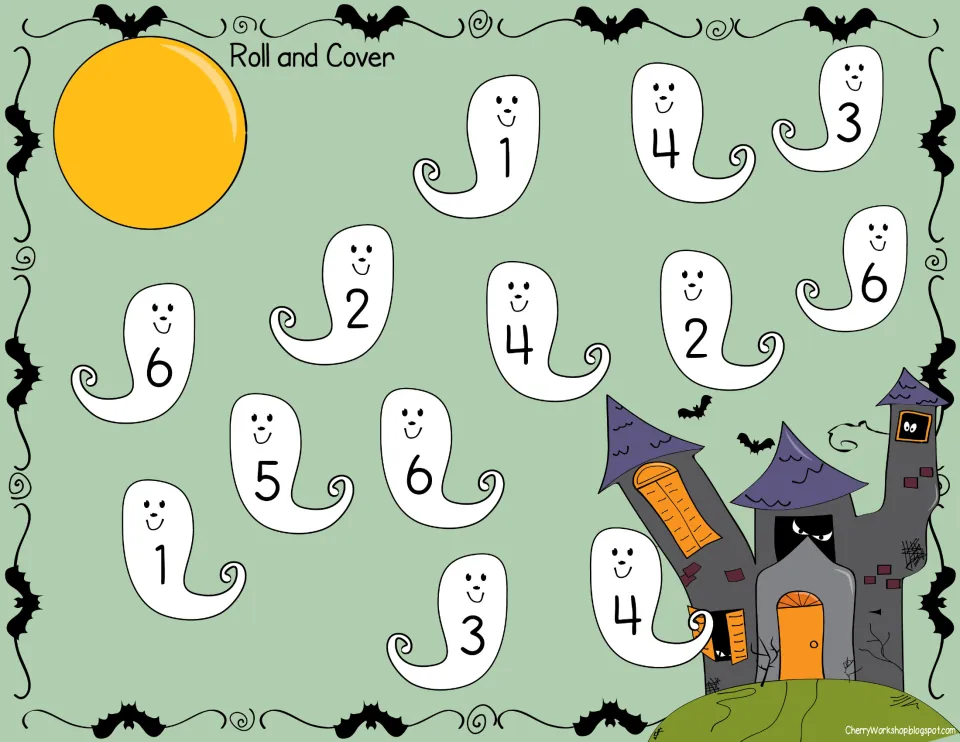 Roll and Cover color board for number recognition: roll a 6-sided die and cover a ghost showing the same number, 1 to 6