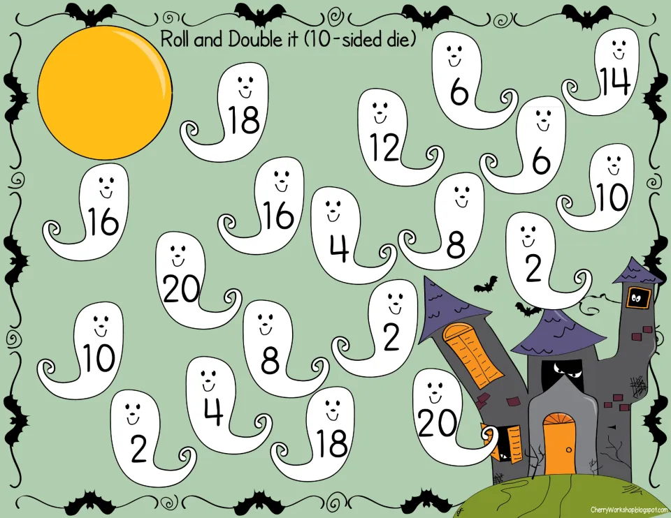 Roll and Double It color board for a 10-sided die: players double the roll and cover a ghost with the sum, from 2 to 20