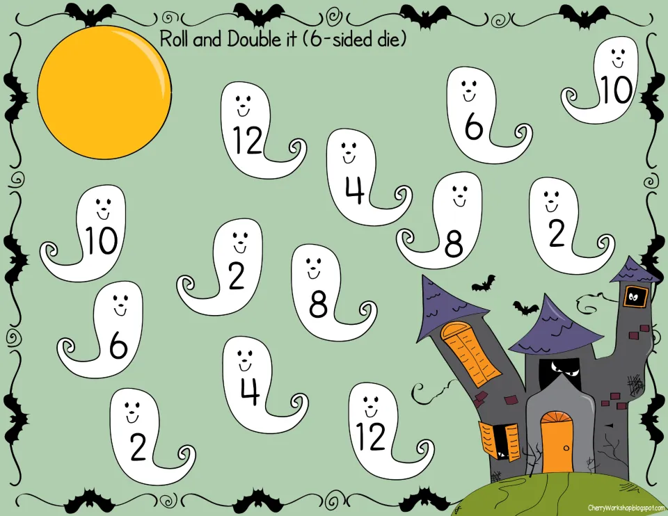 Roll and Double It color board for a 6-sided die: players double each roll and cover a ghost showing 2, 4, 6, 8, 10 or 12