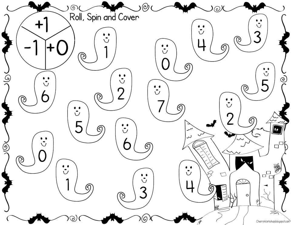 Roll, Spin and Cover in black and white: roll, spin plus 1, minus 1 or plus 0, then color the won ghost numbered 0 to 7