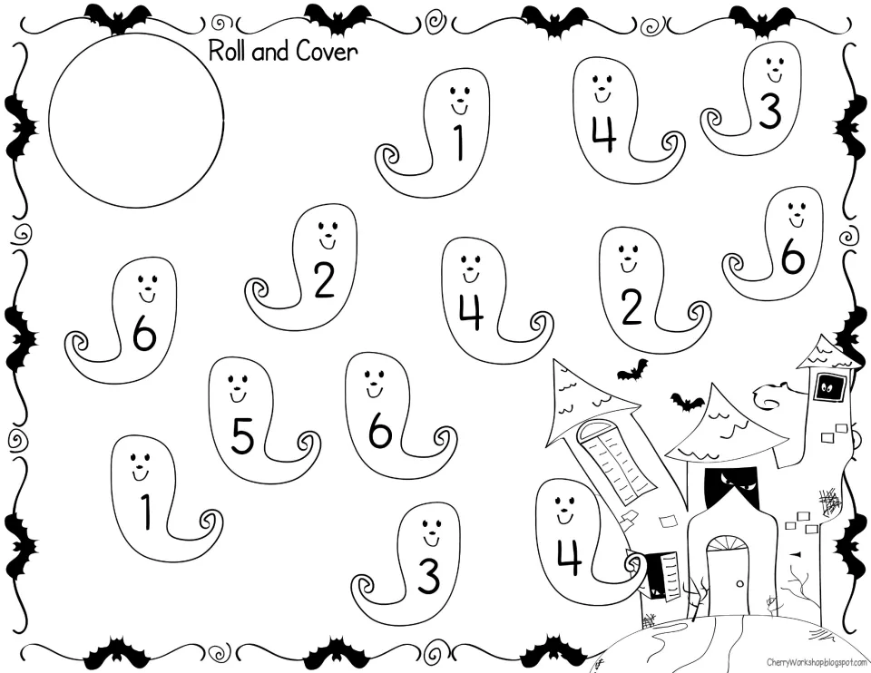 Roll and Cover in black and white: roll a 6-sided die, find the ghost with that number 1-6 and color it once it is won