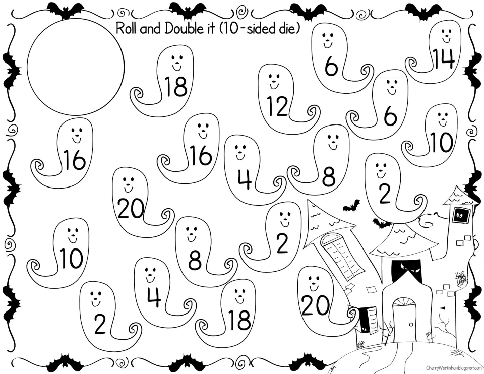 Roll and Double It (10-sided die) in black and white: double the roll and color the ghost with the doubled number 2 to 20