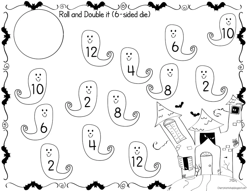 Roll and Double It (6-sided die) in black and white: double each roll and color the ghost showing the doubled total