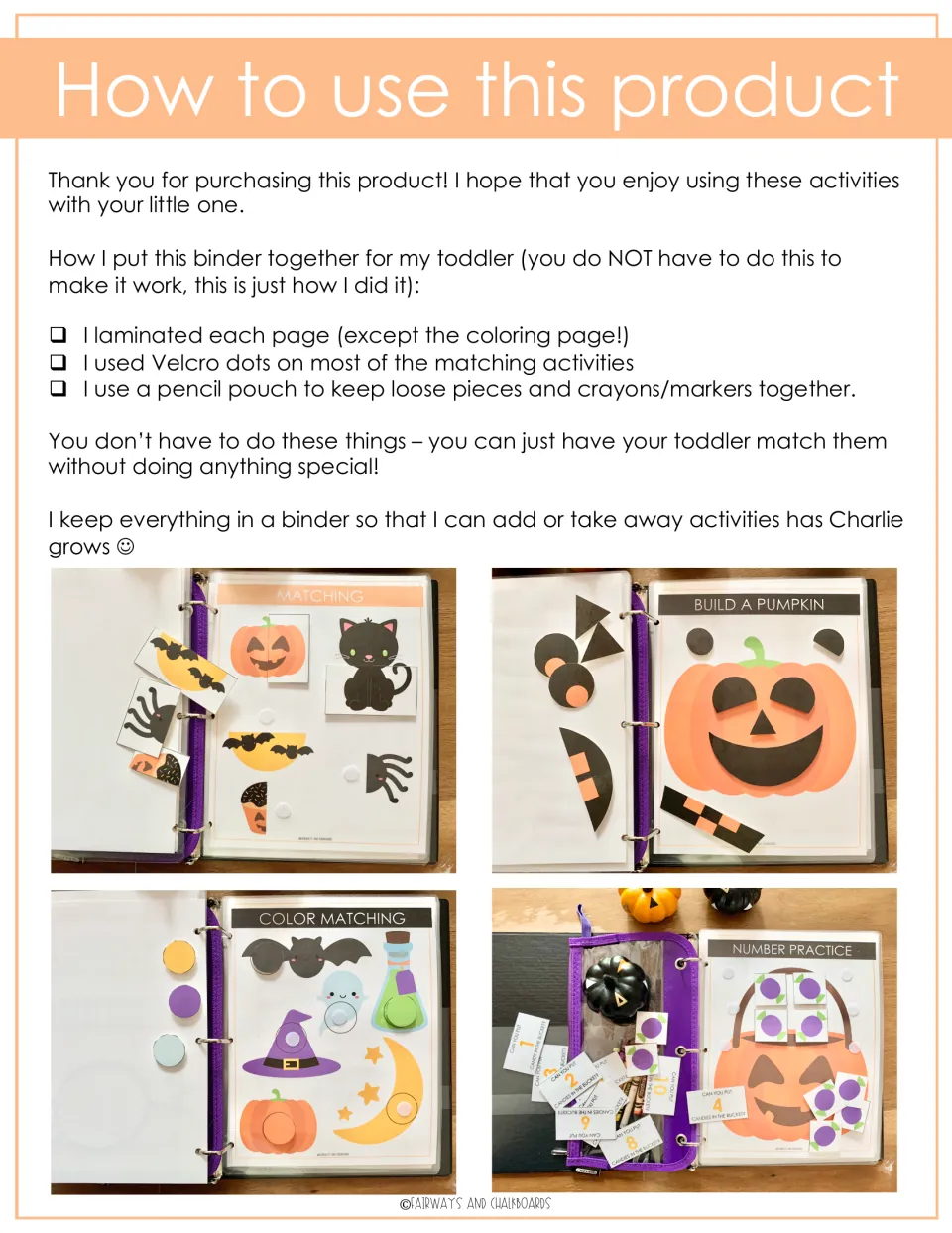 How to use this product: setup tips on laminating, Velcro dots and a pencil pouch, with photos of activities in a binder