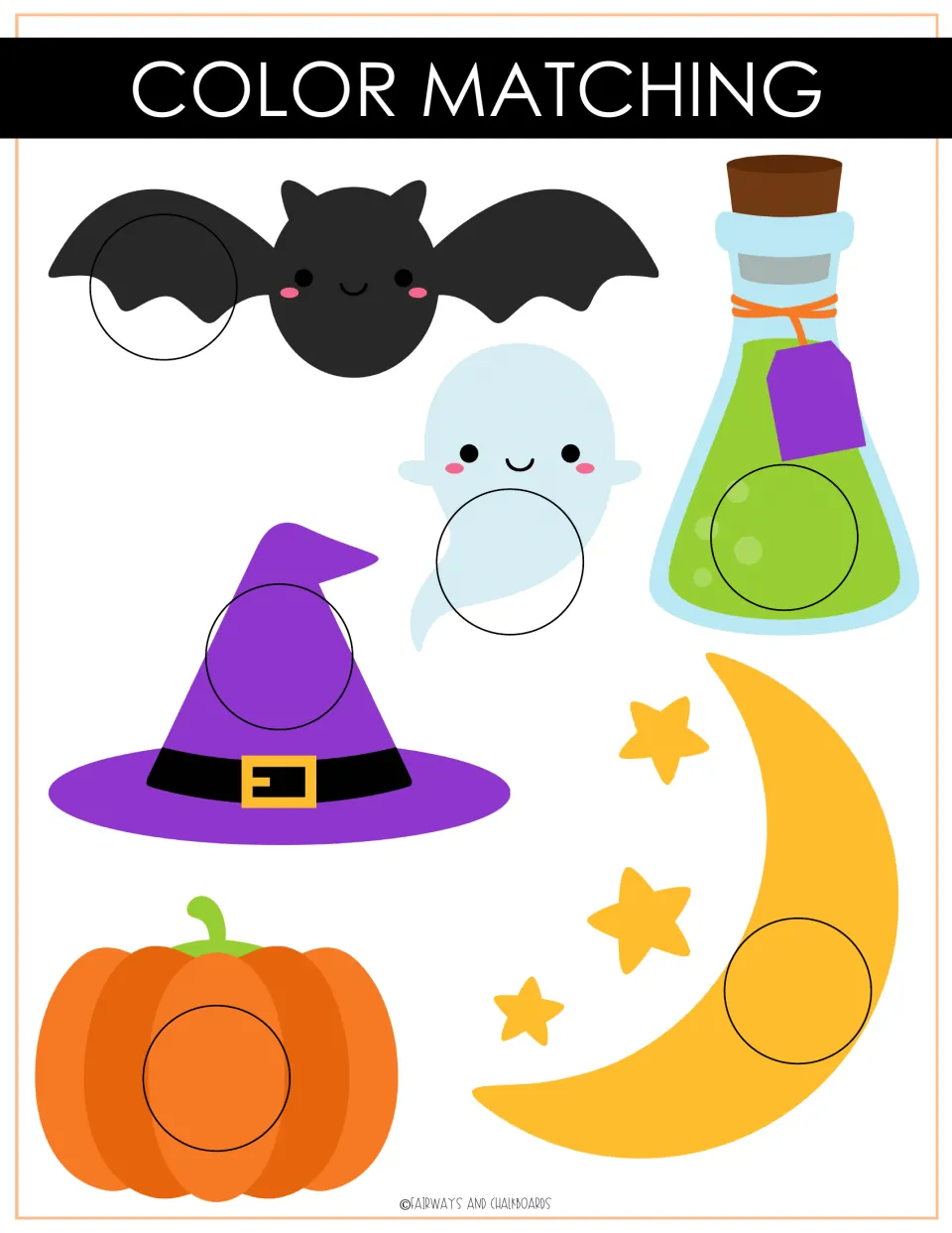 Color matching: children place a colored circle on each picture: bat, ghost, potion, witch hat, pumpkin and moon
