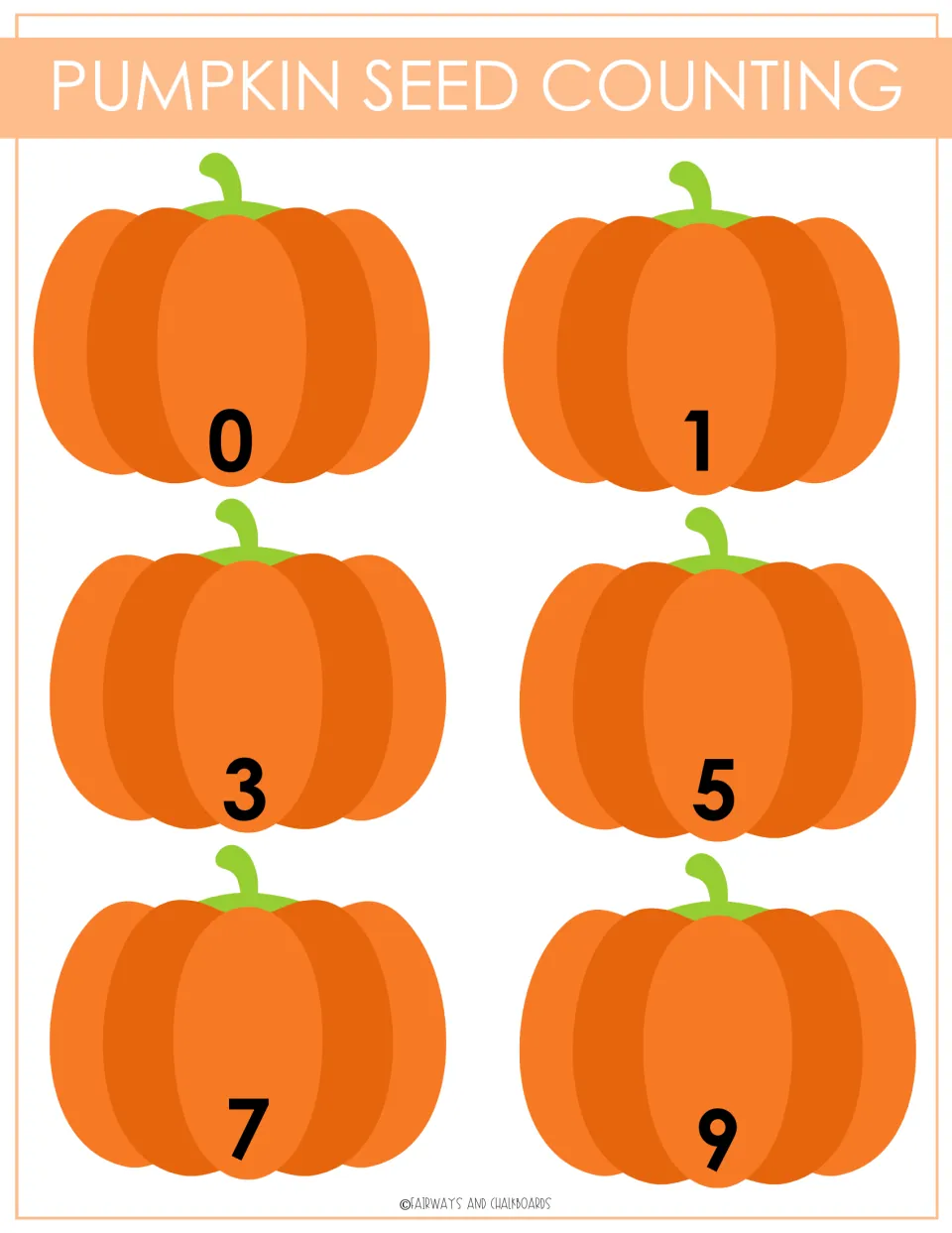 Pumpkin seed counting: six pumpkins labeled 0, 1, 3, 5, 7 and 9 for children to count and match quantities to numerals