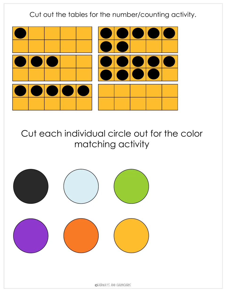 Cut-out pieces: six orange ten frames showing 0, 1, 3, 5, 7 and 9 dots, plus six colored circles for color matching