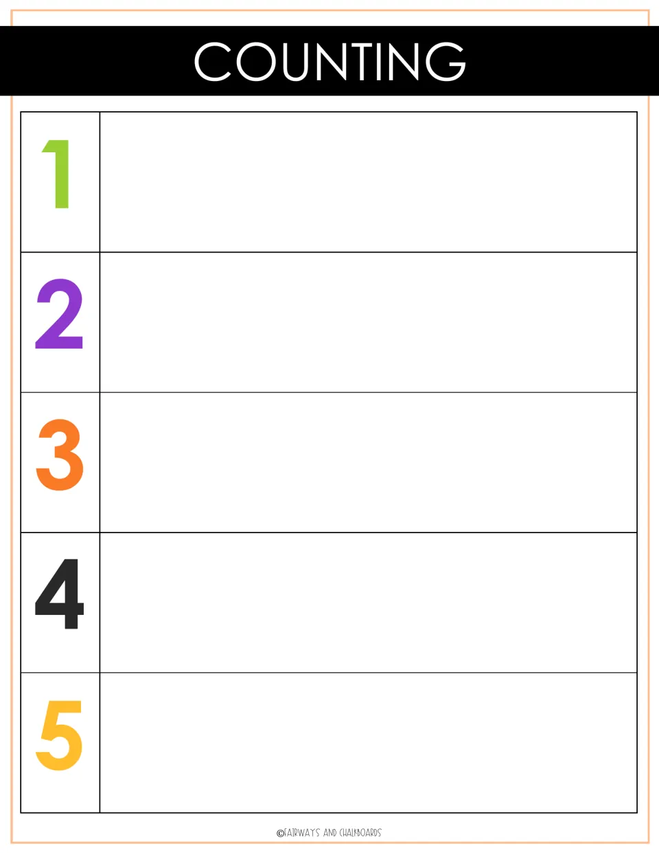 Counting mat: rows numbered 1 to 5 where children place the matching number of picture squares beside each numeral