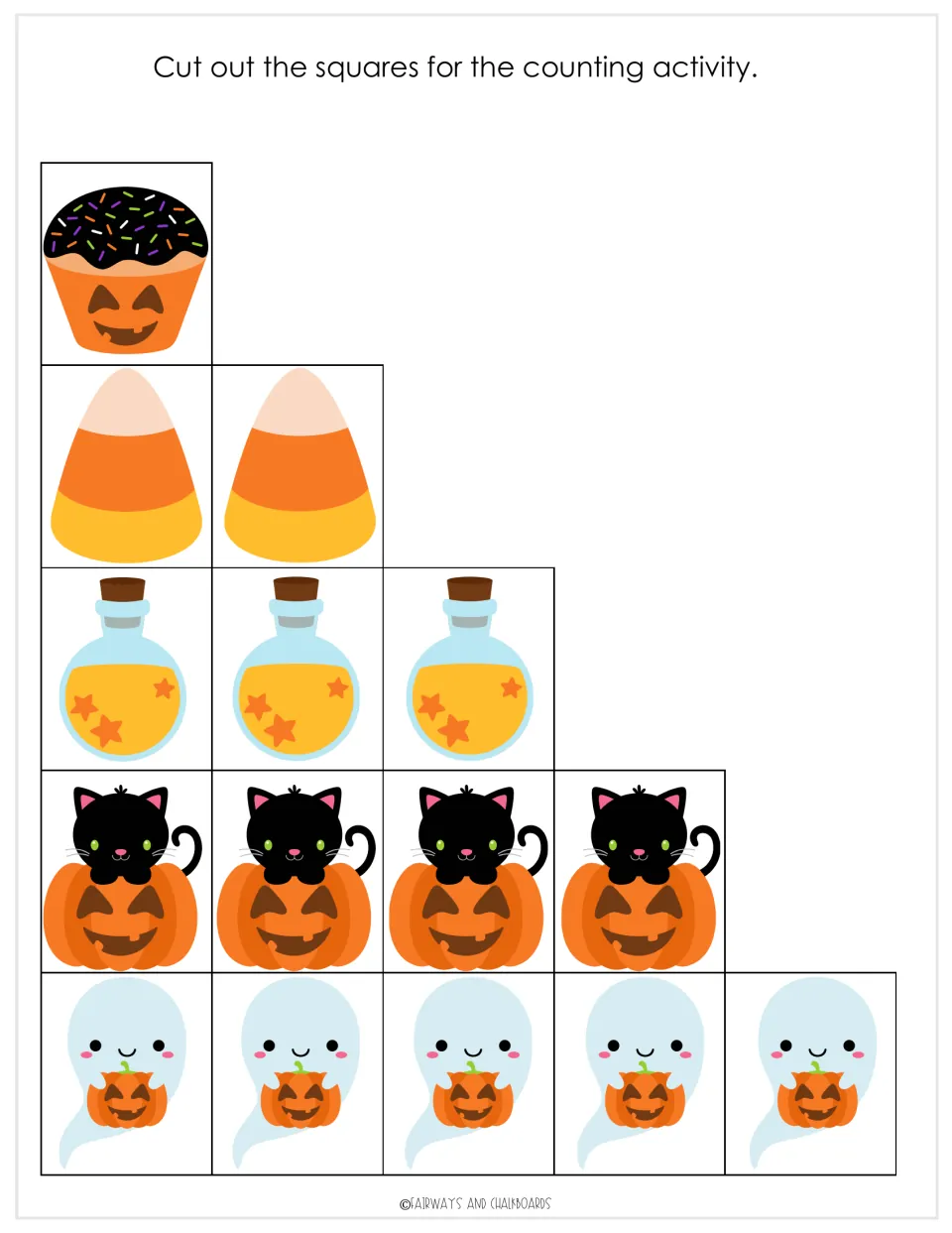 Counting cut-out pieces: 1 cupcake, 2 candy corns, 3 potions, 4 cats on pumpkins and 5 ghosts holding pumpkins