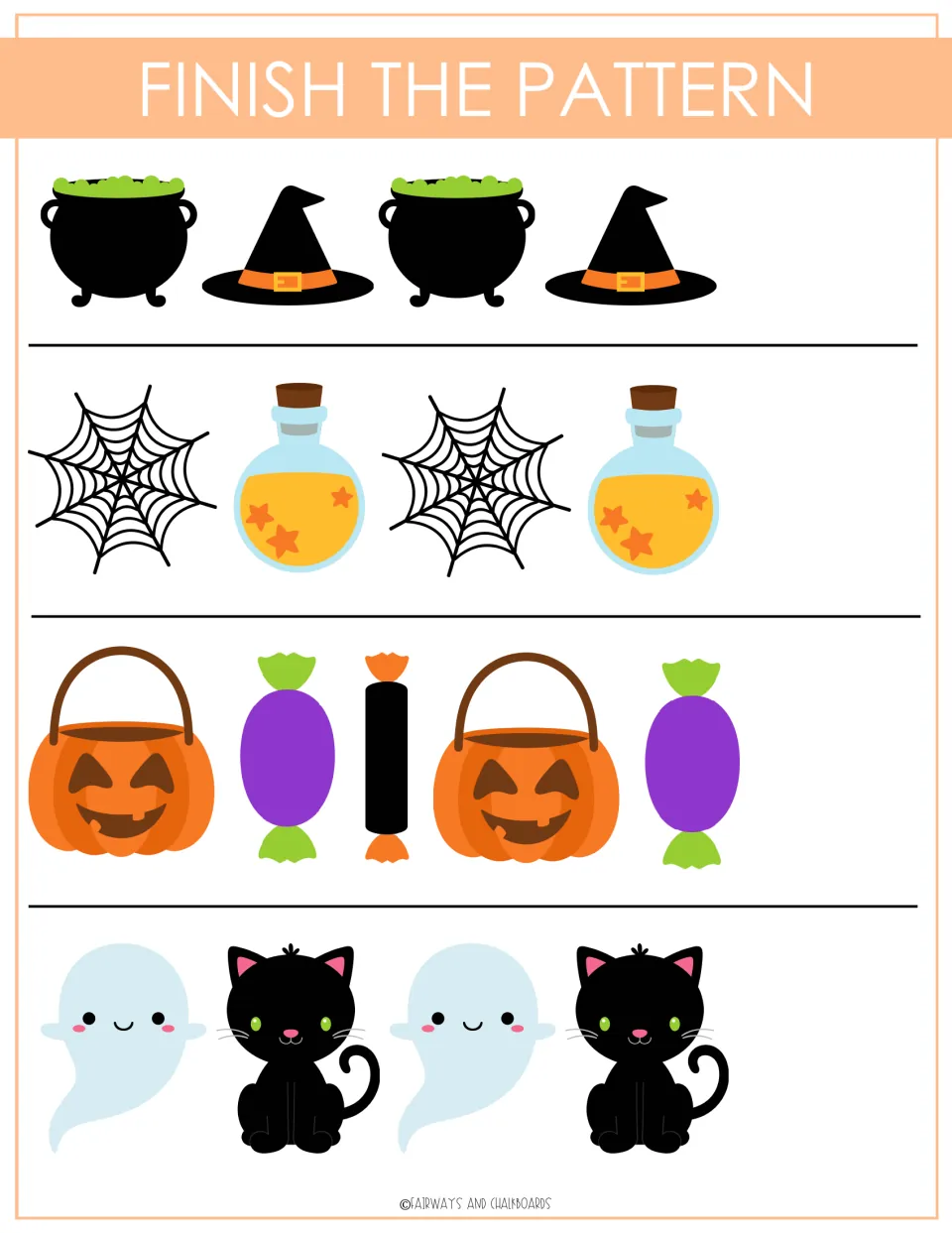 Finish the pattern: children extend rows of cauldrons and hats, webs and potions, buckets and candy, ghosts and cats