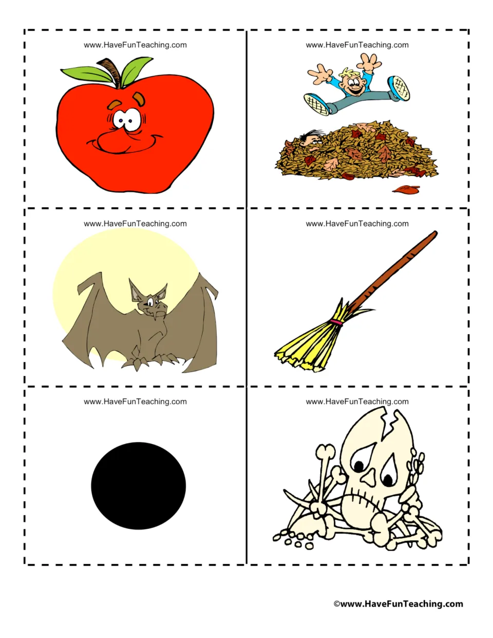 Halloween picture cards to cut out: an apple, a child jumping in leaves, a bat, a broom, a black dot and bones