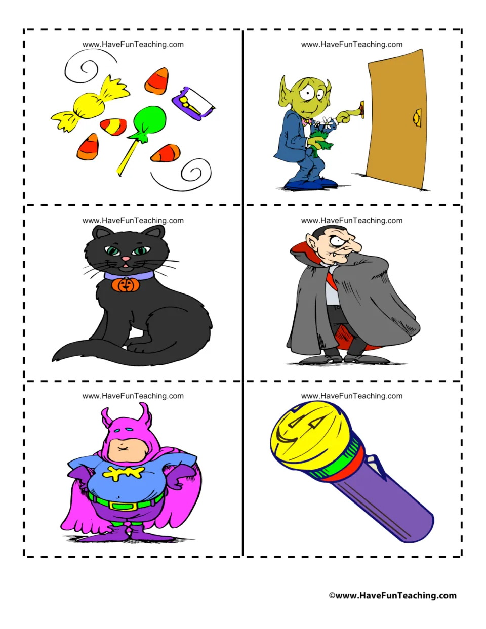 Picture cards of candy, a goblin ringing a doorbell, a black cat, a vampire, a child in costume and a flashlight