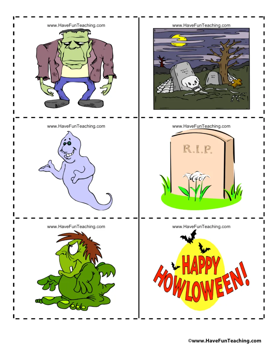 Cards picturing Frankenstein, a moonlit graveyard, a ghost, an R.I.P. tombstone, a goblin and Happy Howloween