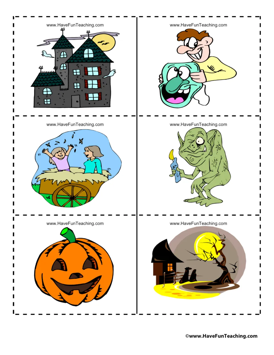 Picture cards of a haunted house, a boy with a mask, a hayride, a monster, a jack-o'-lantern and a moonlit house