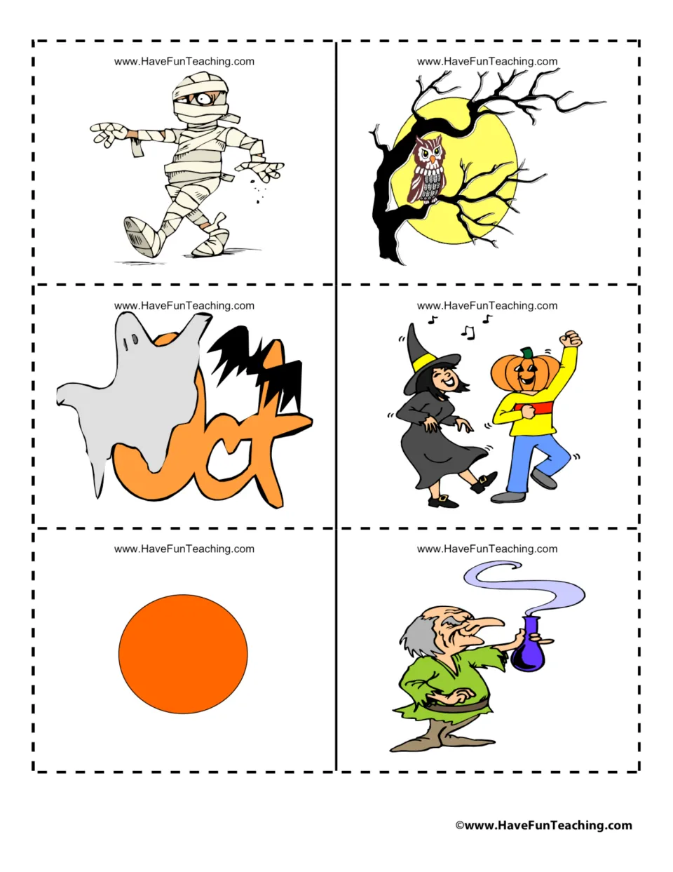 Six cards show a mummy, an owl in a tree, a ghost with Oct, a witch dancing at a party, an orange dot and a potion
