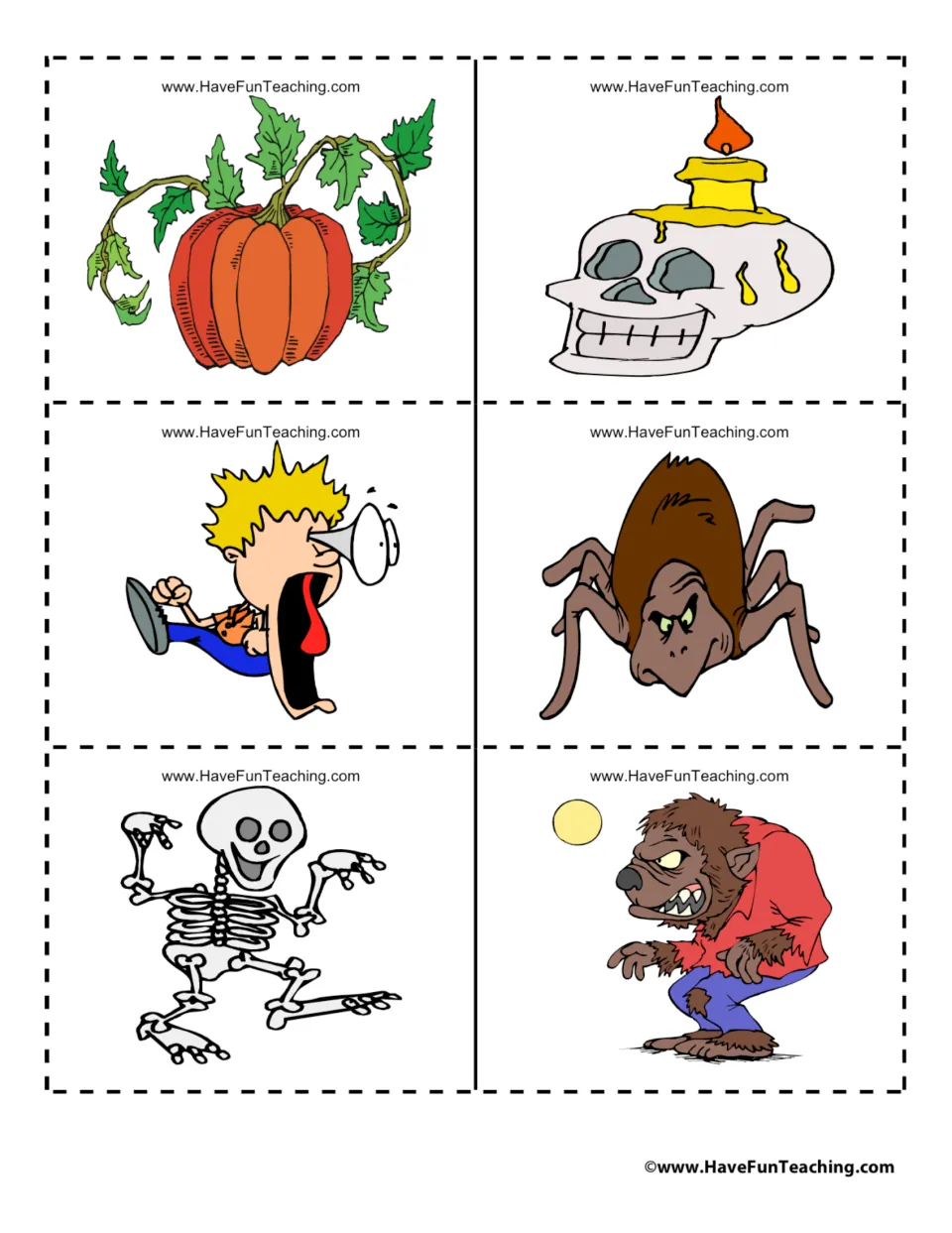 Cut-out cards of a pumpkin on the vine, a candle-topped skull, a scared boy, a spider, a skeleton and a werewolf
