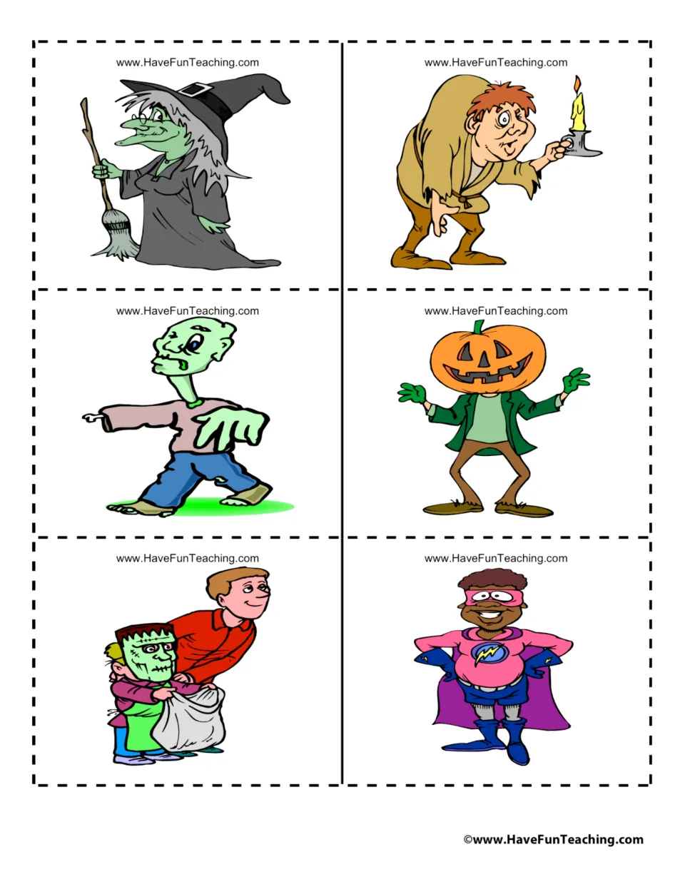 Character cards: a witch, an ogre with a candle, a zombie, a scarecrow, trick-or-treaters and a superhero