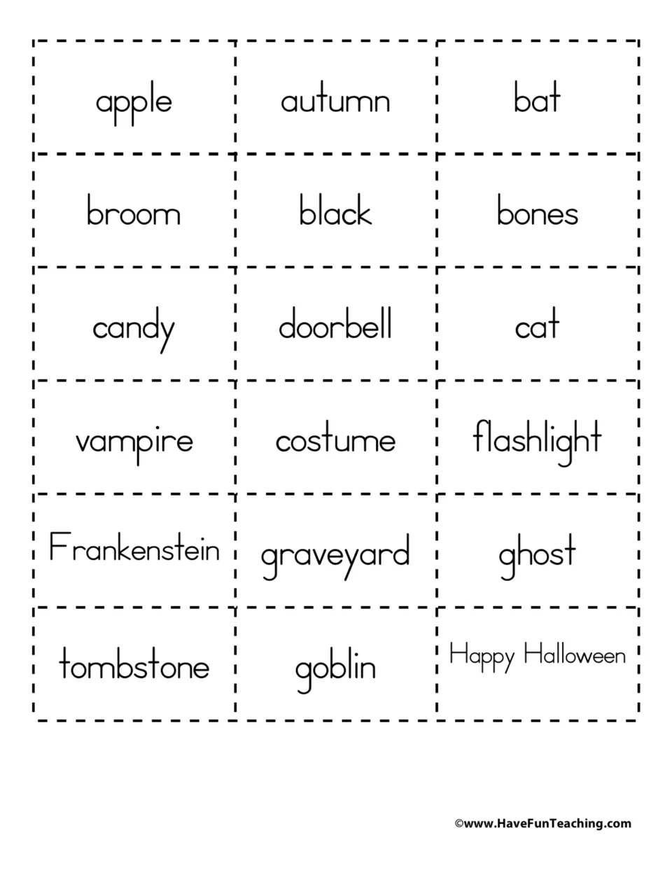 Halloween word cards to cut apart: apple, autumn, bat, broom, black, bones, candy, doorbell, cat, vampire and more