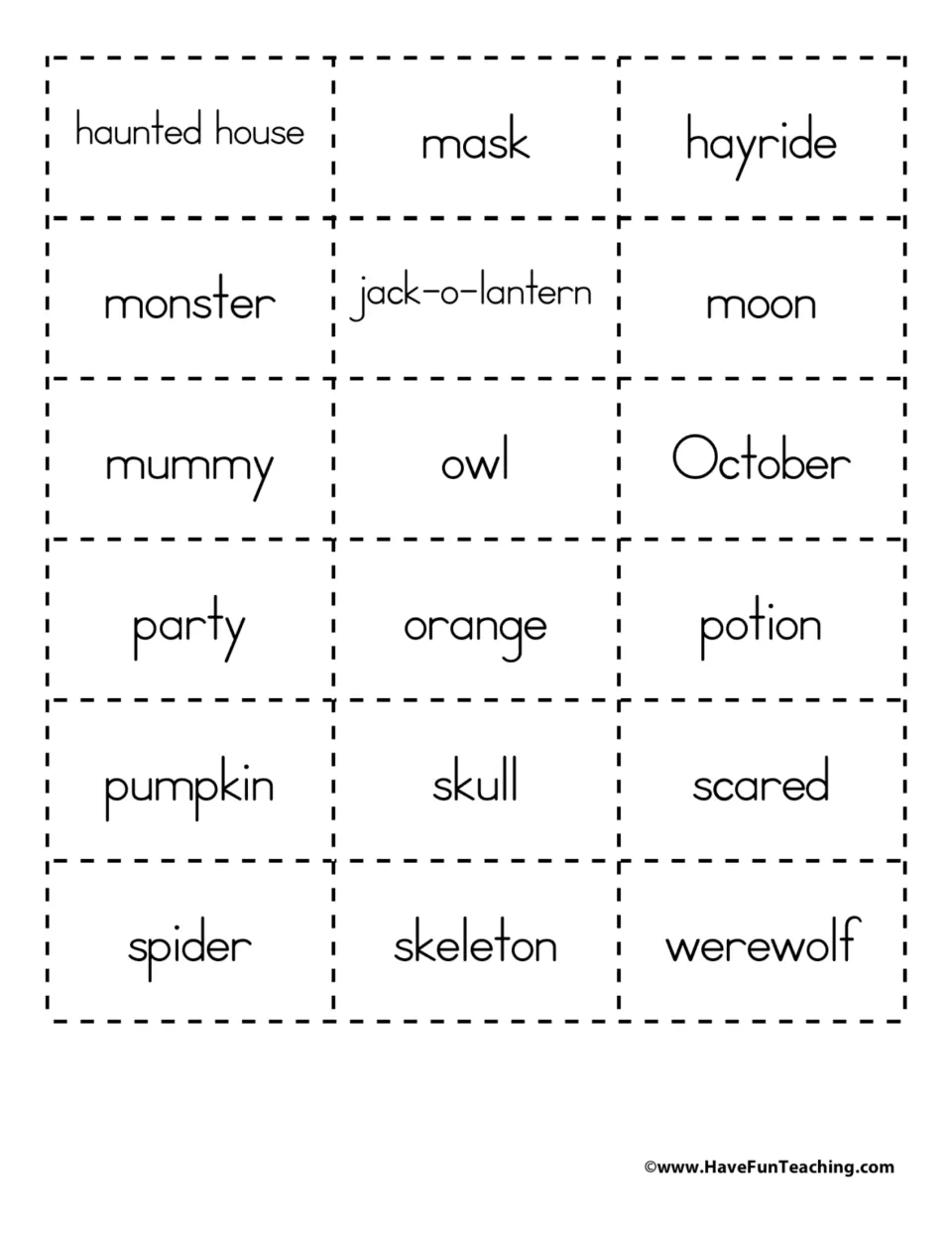 Word cards for haunted house, mask, hayride, monster, jack-o-lantern, mummy, owl, October, werewolf and more