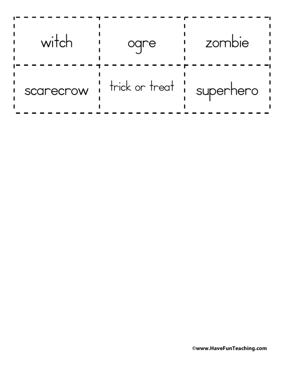 Last six vocabulary cards to cut out: witch, ogre, zombie, scarecrow, trick or treat and superhero