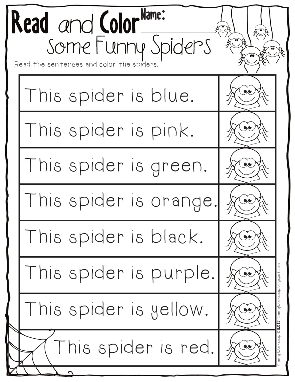 Read and Color Some Funny Spiders: 8 sentences naming blue, pink, green, orange, black, purple, yellow and red