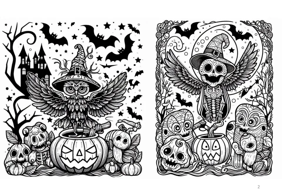 Two line drawings to color: an owl in a witch hat over a jack-o'-lantern, and a winged sugar-skull skeleton with bats