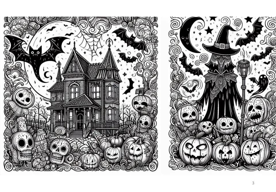 Two outline scenes to color: a Victorian haunted house with skulls and bats, and a witch among jack-o'-lanterns