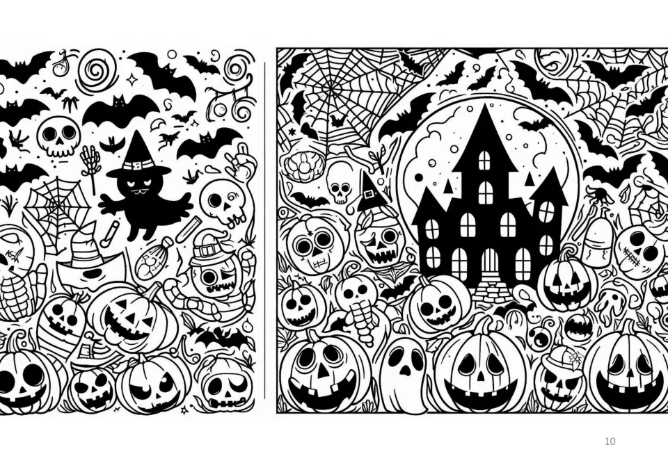 Two doodle-style Halloween pictures to color, packed with grinning pumpkins, bats, skulls and a black castle silhouette