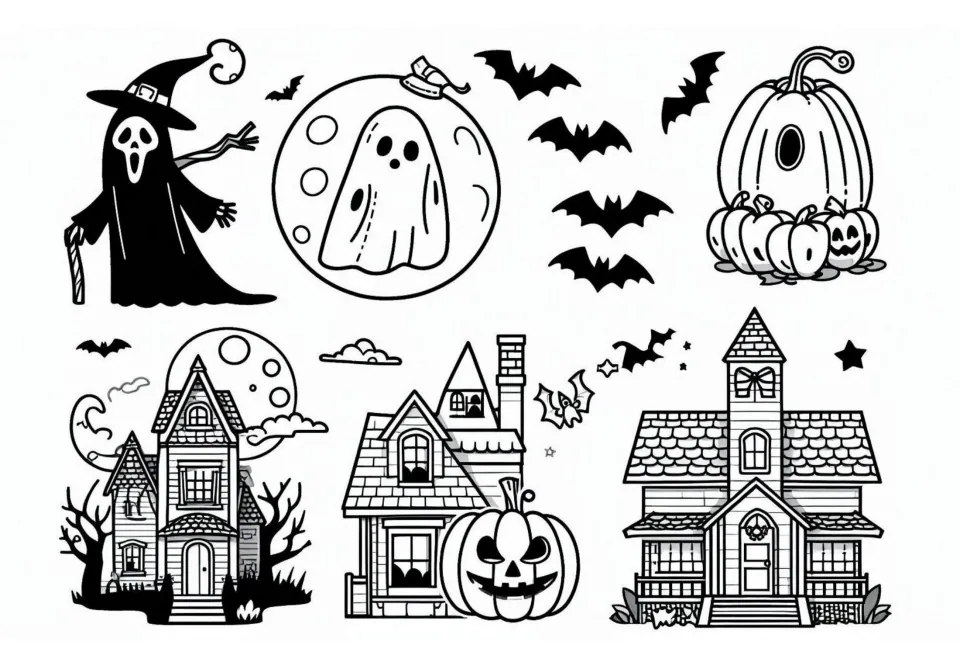 Separate Halloween outlines to color: a hooded ghost-mask figure, ghost in the moon, bats, pumpkins and three houses