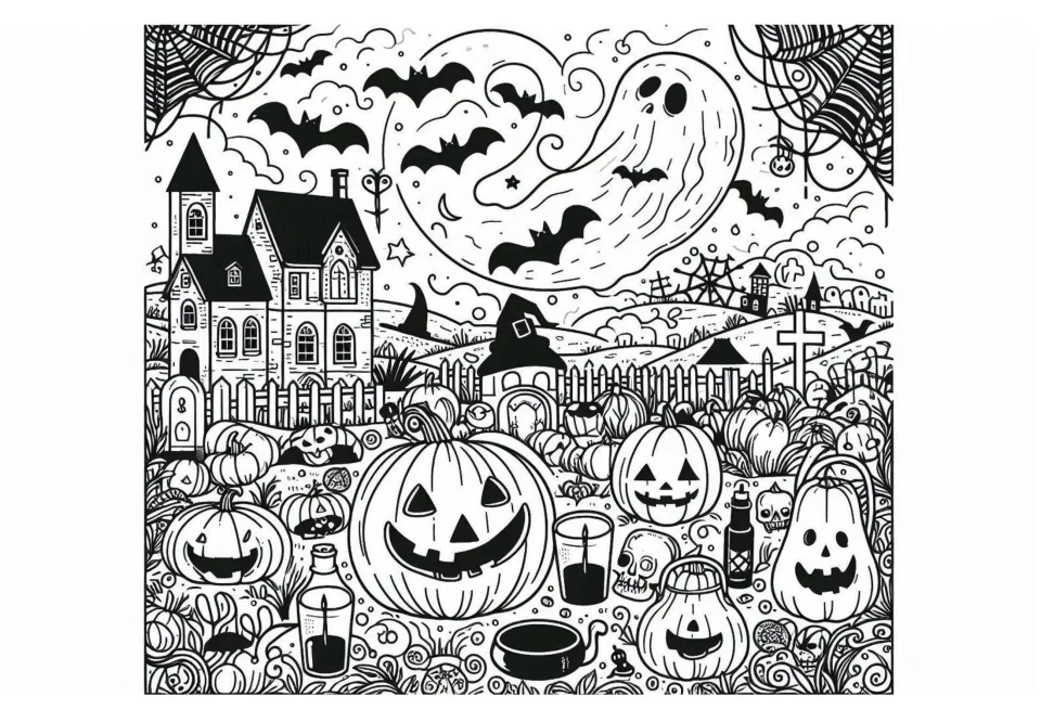Pumpkin patch and graveyard scene to color, with a big jack-o'-lantern, bottles, a hilltop house and a ghost overhead