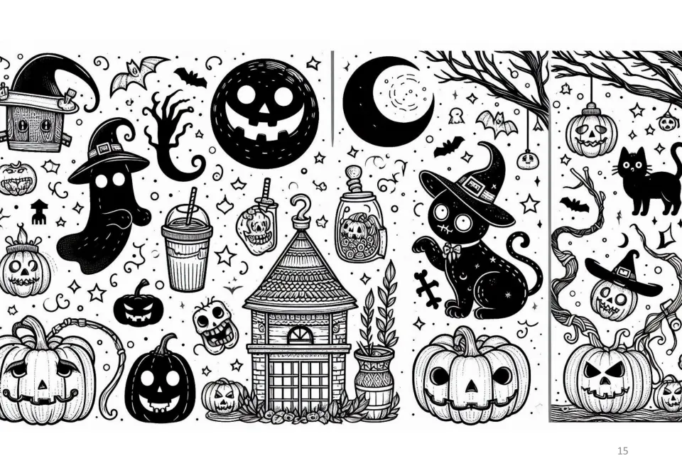 Doodle sheets to color featuring a black cat in a witch hat, a ghost, candy jars, a jack-o'-lantern moon and pumpkins