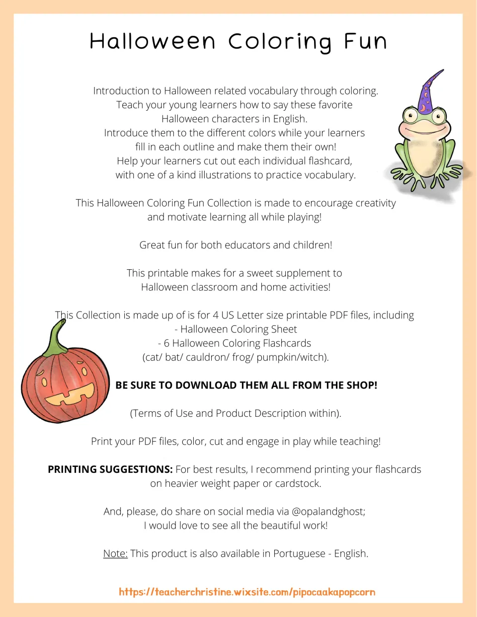 Coloring resource introduction explaining Halloween vocabulary practice, cutting flashcards, and printing tips.
